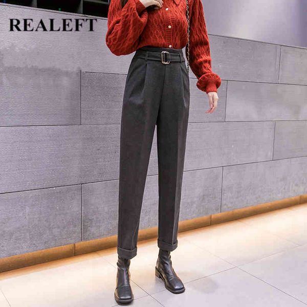 

woolen formal women harem pant sashes autumn winter high waist office lady elegant ankle-length trousers pocket 210428, Black;white