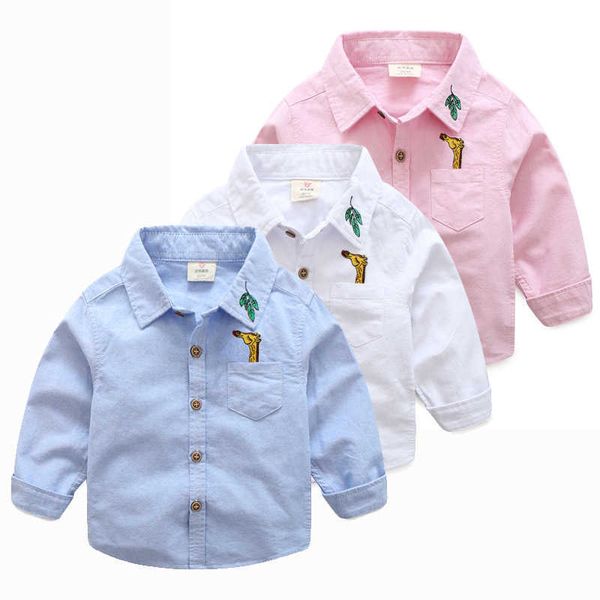

spring autumn male children's birthday clothing cotton turn-down collar long sleeve embroidery animal baby kids boys shirt 210529, White;black