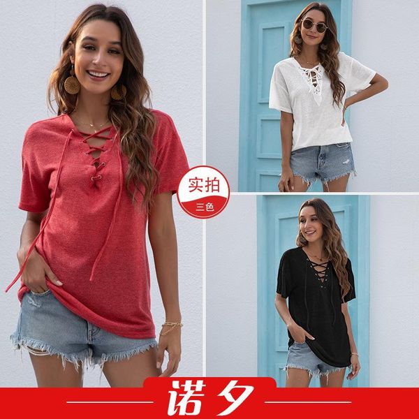 

nuoxi 2021 women's summer v-neck lace up solid short sleeve t-shirt 1835, White