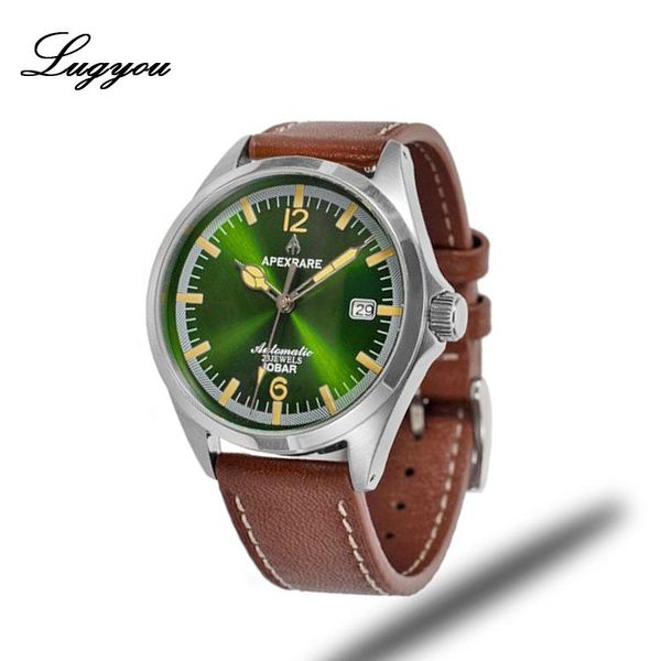 

wristwatches lugyou apexrare automatic men watch nh36 sapphire glass super luminous c3 leather strap, Slivery;brown