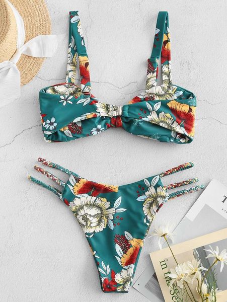 

women bikini plant print braided strappy pleated swimsuit one-piece suits