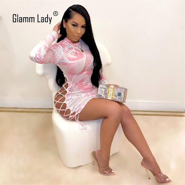 

casual dresses glamm lady 2021 mini bodycon women wrap dress summer autumn hollow out party female bandage vestidos, Black;gray