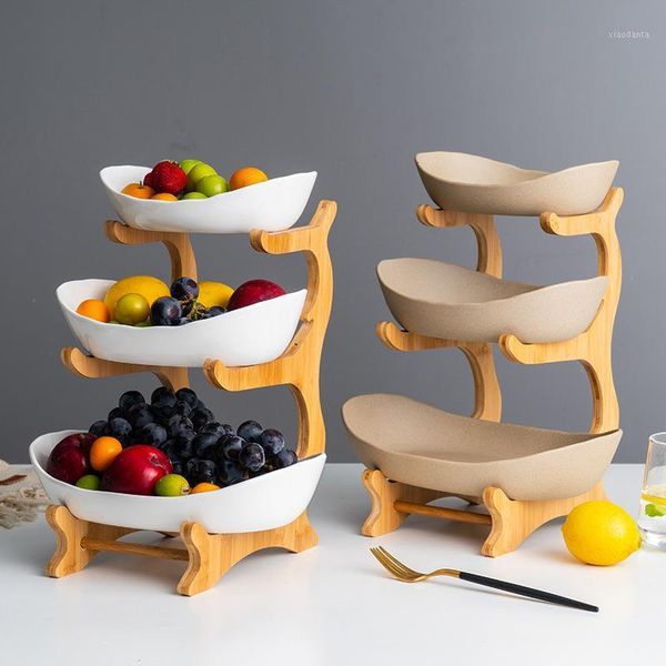 

storage bottles & jars creative three-layer multi-layer fruit tray european ceramic dried bamboo and wood rack household basket