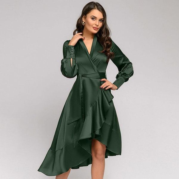 

casual dresses satin ruffles sashes a-line party dress women long sleeve v-neck summer 2021 fashion midi vintage vestidos, Black;gray