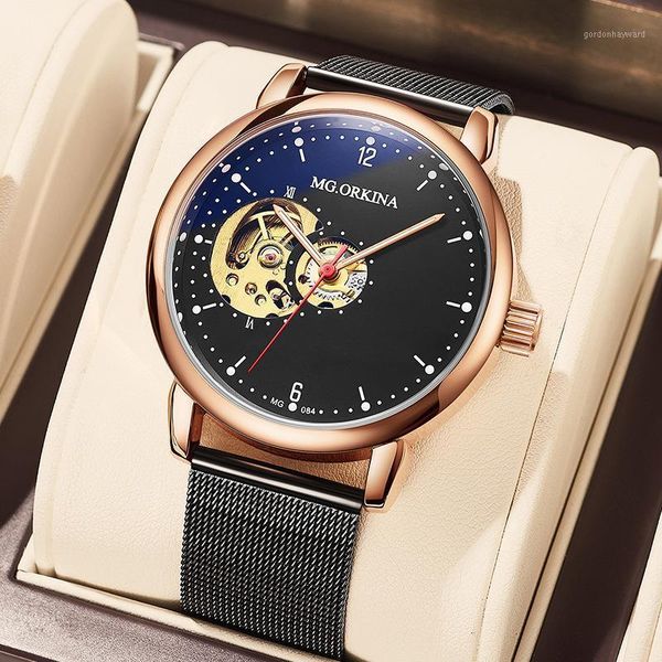 

wristwatches mg.orkina watches men's fully automatic carved hollow mechanical watch stainless steel mesh belt leather band fashion, Slivery;brown