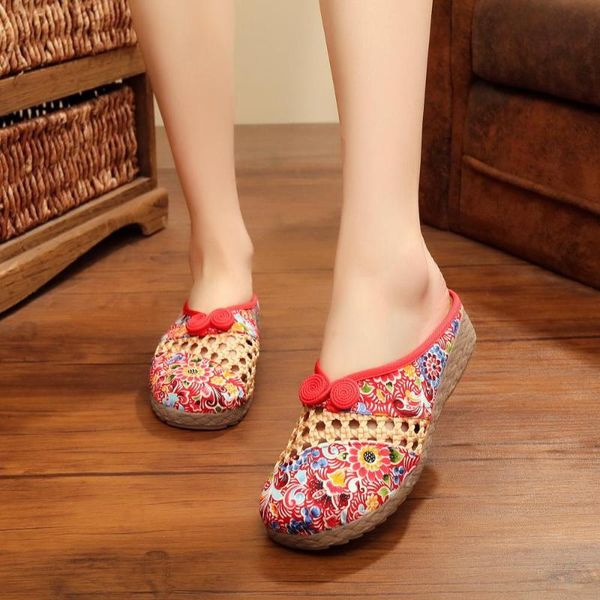 

slippers hawaii floral embroidered ladies linen patchwork slides shoes summer casual breathable comfortable sandals mujer, Black