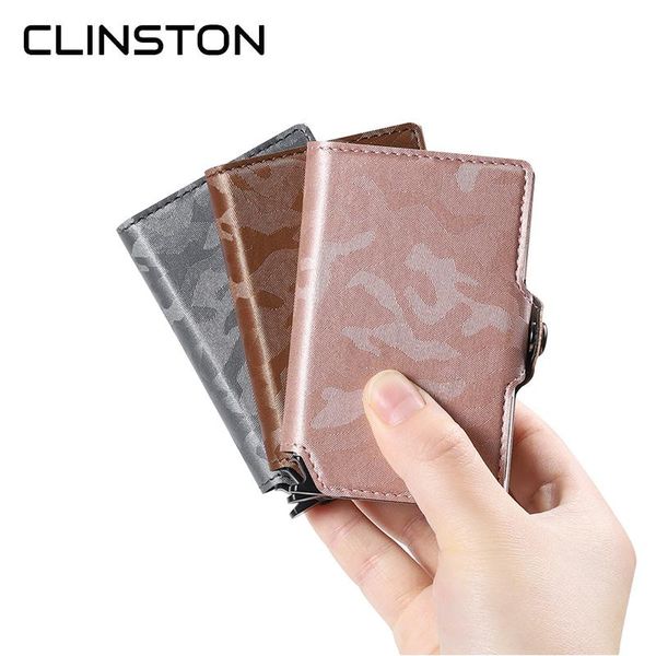 

card holders rfid 2021 classic camouflage pattern leather men's holder aluminum metal business slim id mini wallet, Brown;gray