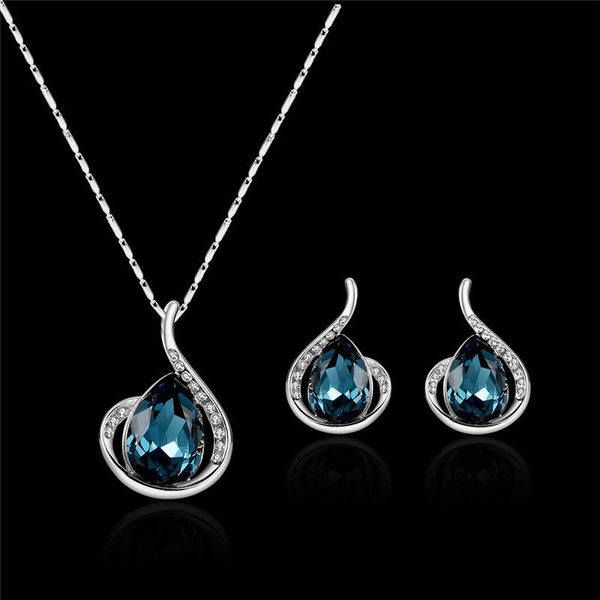

earrings & necklace luxury female blue crystal jewelry set rose gold silver color dangle for women simple zircon wedding chain