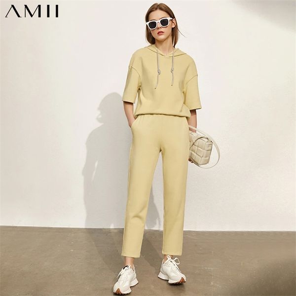 

amii minimalism summer hoodies for women sport causal 100%cotton hooded women's hoodies elastic waist women's pants 12130278 21100, White