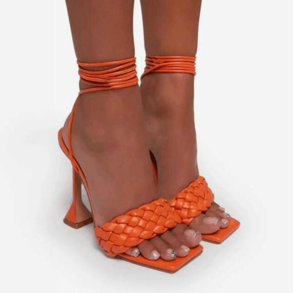 

women hoof heel sandals summer high heels weave strap lace up shoes ladies party wedding big size 41 42, Black
