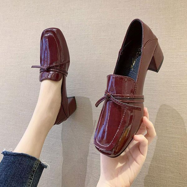 

dress shoes japanned leather bow-tie pumps woman vintage solid two wear square toe tacones mujer british sewing thick high heels women, Black