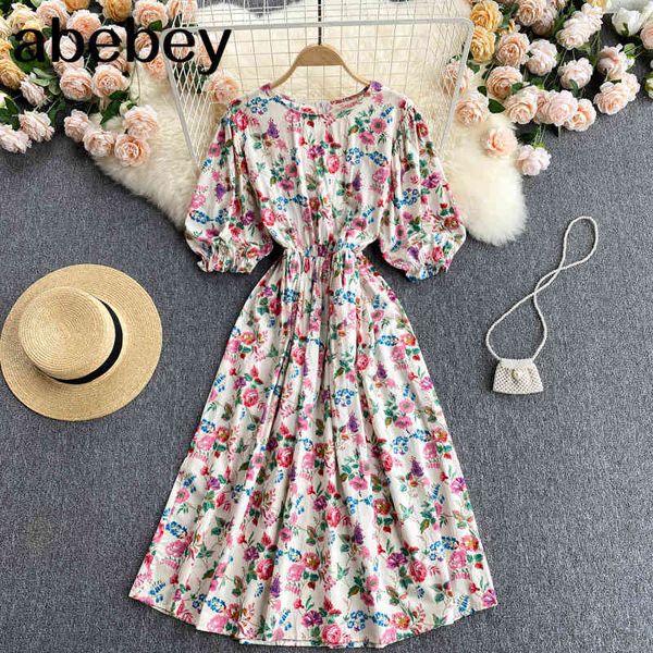 

women french floral dress sweet puff sleeve o neck a-line summer bohemian print holiday beach midi 210512, Black;gray