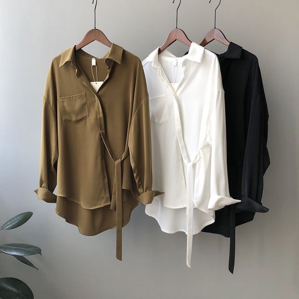 

women's blouses & shirts lace design casual shirt female 2021 spring lapel solid blousers korean loose long sleeve xksd, White