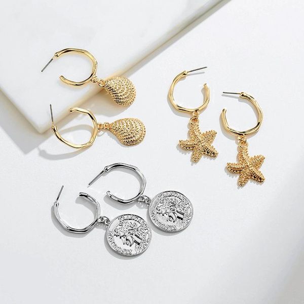 

hoop earrings for women gold color shell starfish coin summer jewelry gift drop & huggie, Golden;silver