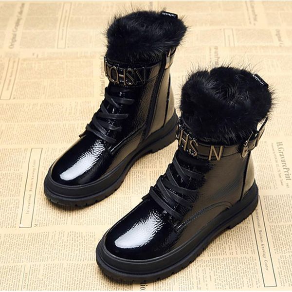 

boots waterproof leather snow woman short mink hair 2021 women long plush warm shoes platforms heel footware buckle black