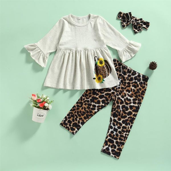 

clothing sets baby girls 3pcs fall outfits long sleeve ruffle pants headband leopard child girl set, White