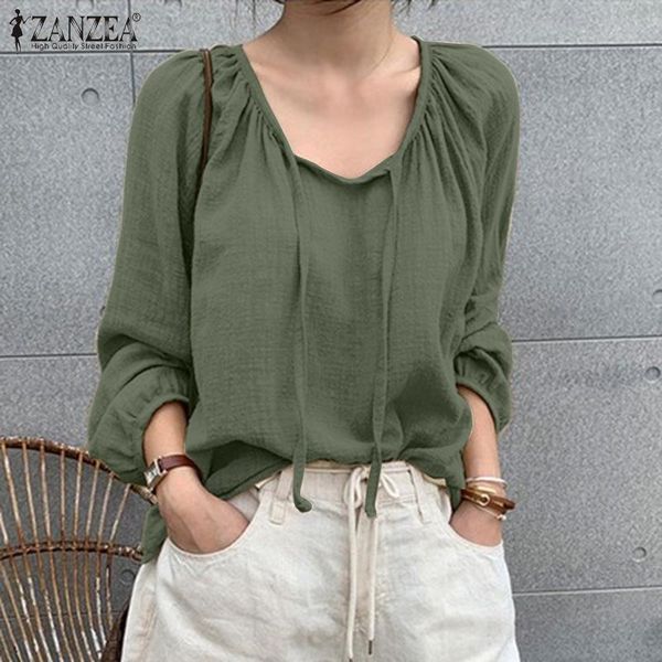 

women's blouses & shirts 2022 fashion spring puff sleeve casual lace up v neck tunic female pleated oversize chemise, White