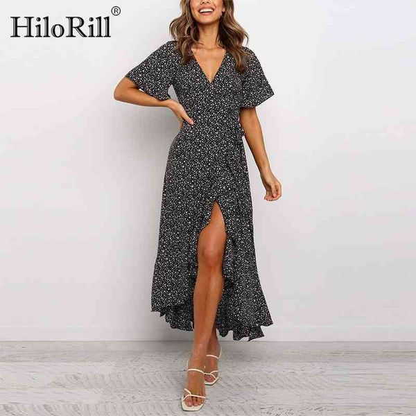 Bedrucktes langes Maxikleid Frauen V-Ausschnitt Boho Strand Split Rüschen Flare Kurzarm Wrap es Damen Sommerkleider 210508