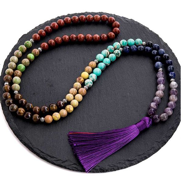 

pendant necklaces 8mm natural stone 7 chakra necklace meditation yoga peace spirit jewelry 108 japamala beaded rosary tassel, Silver
