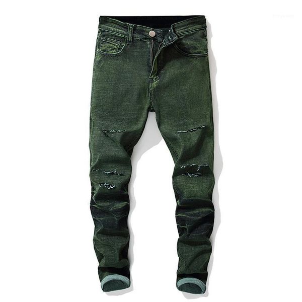 

extra xl menswear stretch personality water washed hole youth pants trendy straight plus size men green jeans men's, Blue