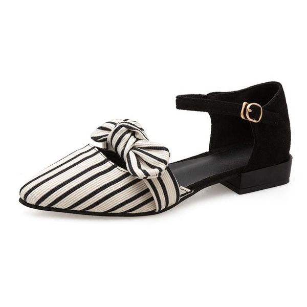 

sandals female summer 2021 cloth stripe buckle bag with thick bow pointed shoes shallow mouth low heel women's, Black
