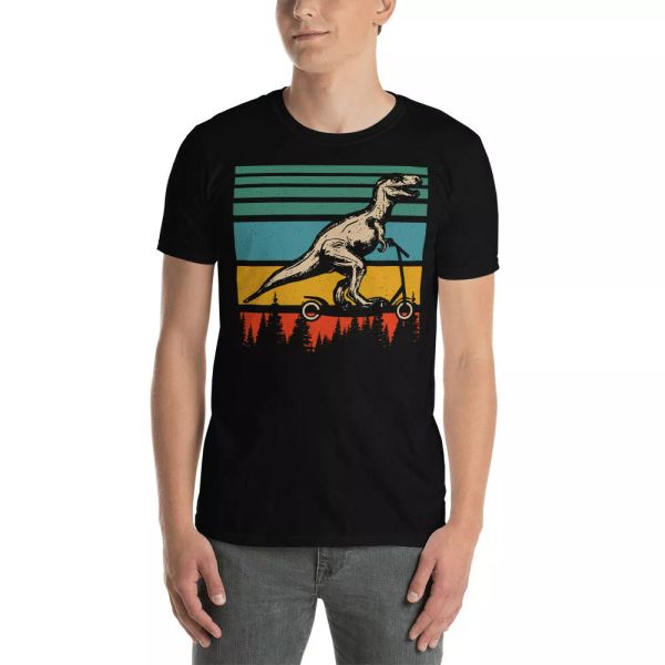 

vintage retro t-rex riding scooter funny t-rex lover shirt, White;black