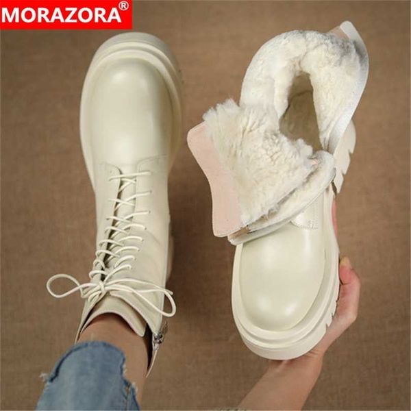 

morazora big size 34-42 genuine leather snow boots winter ankle fashion lace up nature wool keep warm women 211105, Black