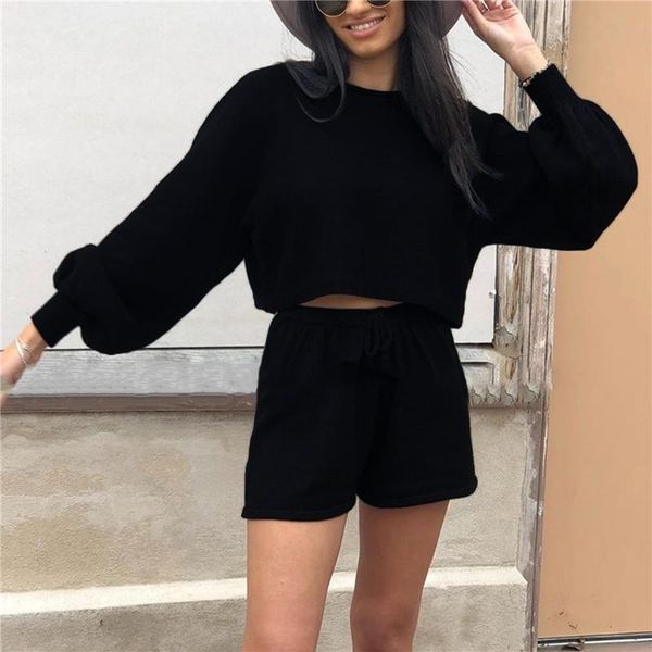 

women's tracksuits solid color women clothing 2 piece set fall o neck puff sleeve loose tee casual lace shorts sets, Gray