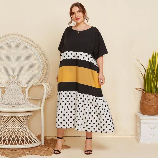 

plus size dresses loose oversized house dress women summer short sleeve polka dot print contrast color elegant smocked maxi, Black