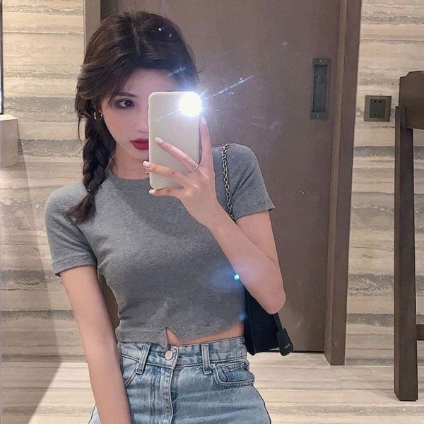 

women's t-shirt short sleeve 2021 design sense minority summer high waist open navel slim, White
