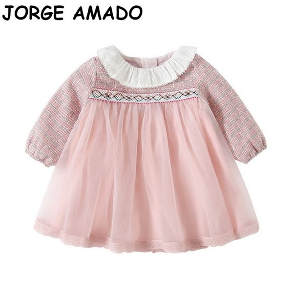 Outono bebê vestido vestido rosa xadrez de manga longa cai crianças roupas 1-4T E9569 210610