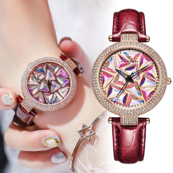 

wristwatches japanese movement rhinestone 360 rotating dial waterproof leather fashion quartz watches female, Slivery;brown