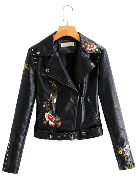 

arrival autumn fashion women embroidery pu leather jacket chic rivets with belt biker jackets zippers ladies coats outerwear 210909, Black