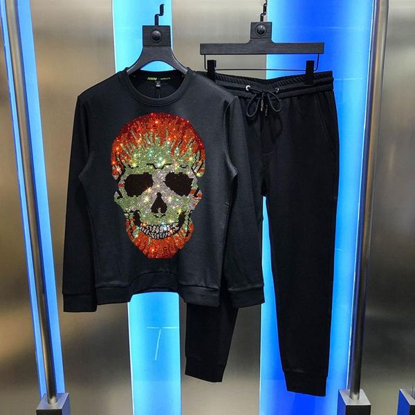 

men's tracksuits asian size -5xl sweatshirt skull hoodie + pants fall/winter tracksuit heavy industry rhinestone sets, Gray