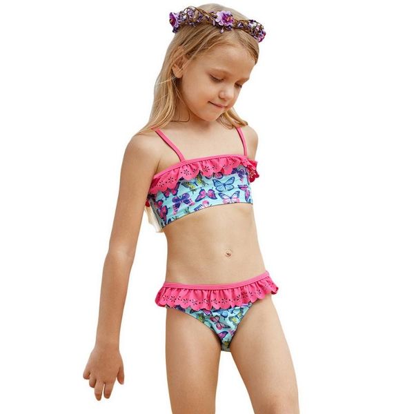 

kids girls butterfly print ruffled 2 pieces bikini swimwear children's cute pleated swimsuit beach bathing suit one-piece suits