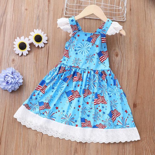 

girl's dresses 2021 est girls star flag pattern casual dress children party summer clothes for vacation beach, Red;yellow