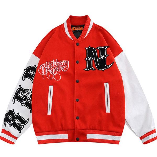 

men's jackets men letter embroidery varsity couple korean cotton college pu stitching sleeve loose baseball uniform red campus jacket, Black;brown