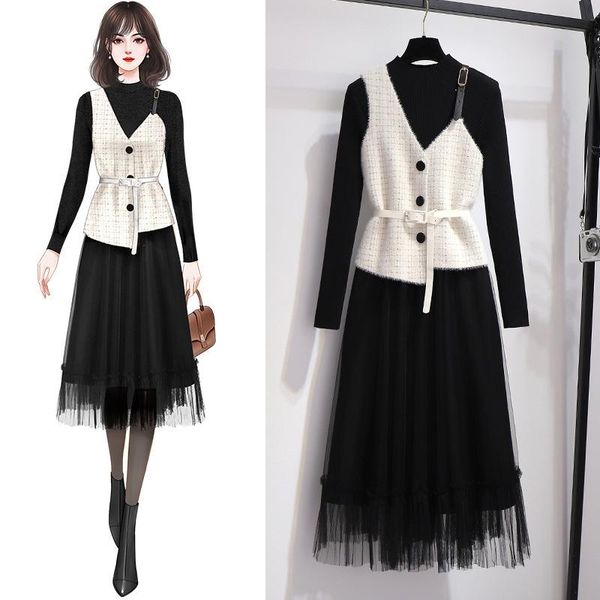 

casual dresses autumn and winter suit women 2021 imitation mink knitted vest two piece set women's medium long mesh dress, Black;gray