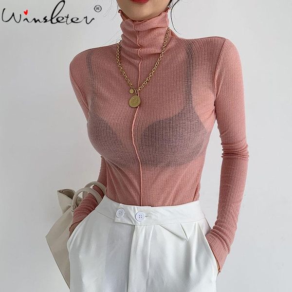 

women's t-shirt 2021 thin transparent women girls turtleneck slim stretchy long sleeve ruffles basic multi colors t0n912a, White