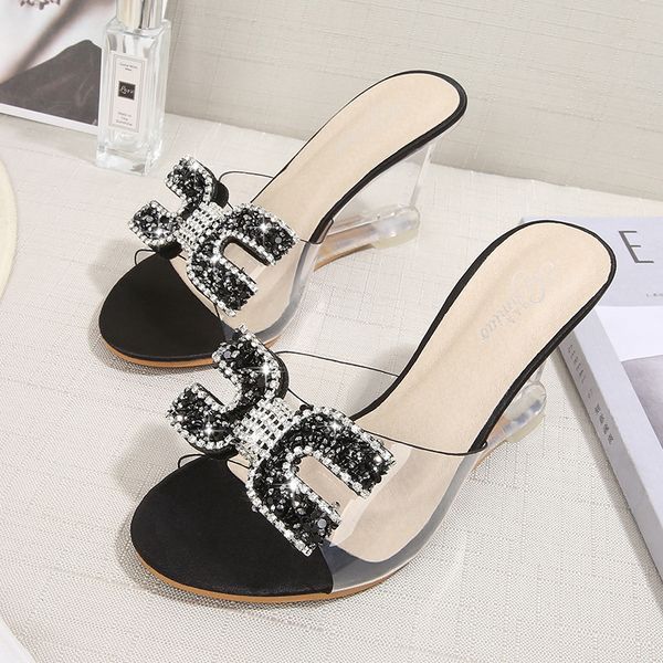 

high heels crystal women summer peep toe slippers female rhinestone transparent heel wedges pumps, Black