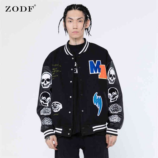 

zodf baseball et, men's and women's skeleton embroidery, pu neutral leather retail coat, street clothing, hip hop, new dign, autum, Black