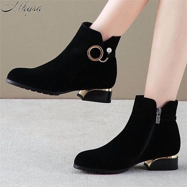 

boots 2021autumn winter women suede short large size 43 fashion thick heels women's low-heeled round head d1342, Black