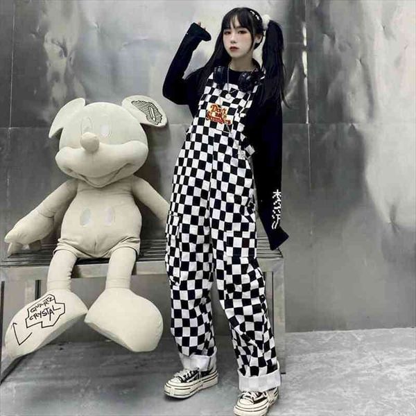 

spring autumn vintage casual womens jumpsuits loose wide leg overalls plus size plaid print streetwear hip hop harajuku punk, Black;white
