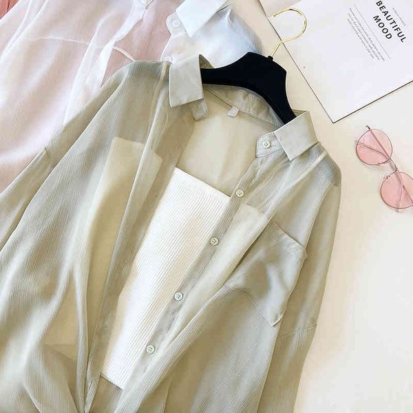 

nijiuding women thin coat casual summer sun protection clothes female cardigan shirt clothing blouse for woman covers blusa, White