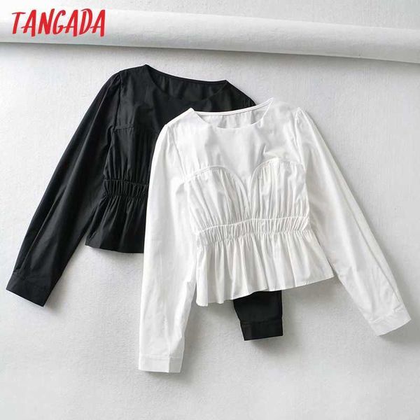 

tangada women retro white pleated tunic crop shirt spring chic female slim shirt fe05 210609