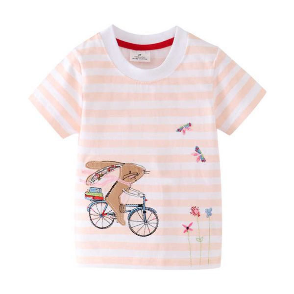 Jumping Meters Stripe Girls T Shirt Algodão Animal Bordado Crianças Verão Tees Fashion Bike Crianças Tops Crianças Roupas 210529