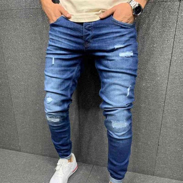 

mens skinny patchwork ripped jeans slim blue denim pants pencil street hip-hop denim trousers fashion cowboy clothing men