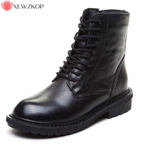 

classic ann women's genuel leather winter boots zipper style girl ankle woman shoes black zip lace up non-slip