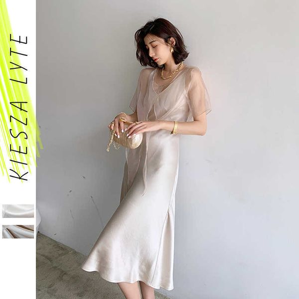 

women summer dress sets office lady elegant a-line lace up party dress+ mesh two piece femel outfit 210608, Black;gray