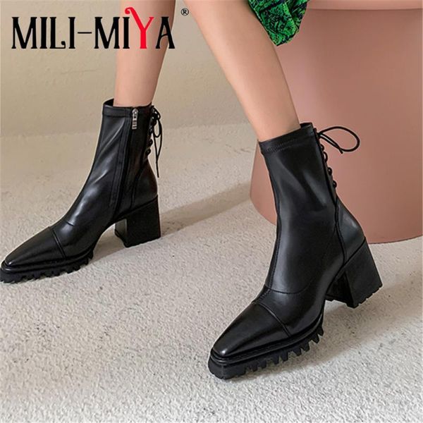 

boots mili-miya women ankle leather cross tied zipper autumn winter elegant square heel fashion footwear 2021, Black